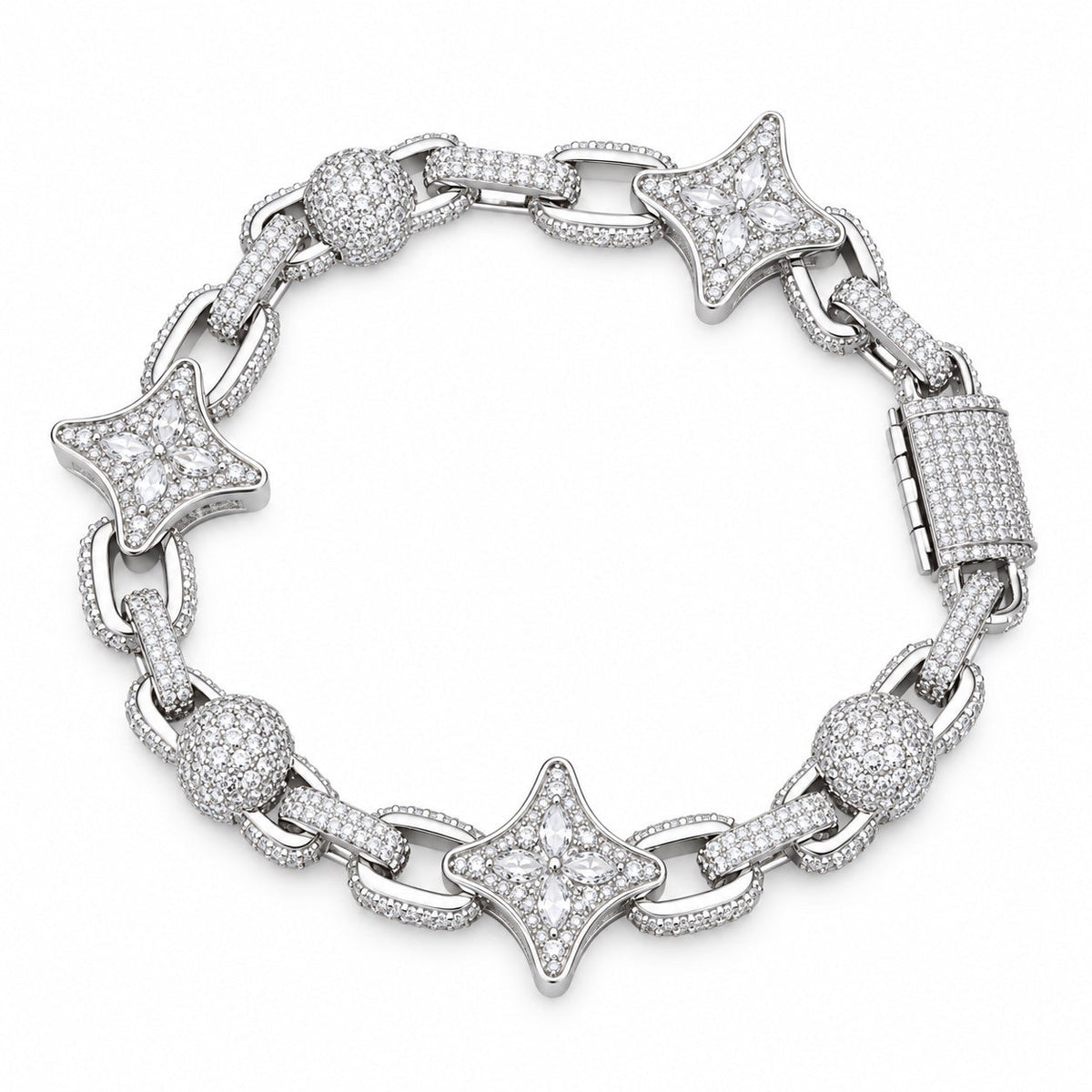 Bracelet Nova, maillons pavés motif étoile, finition argentée