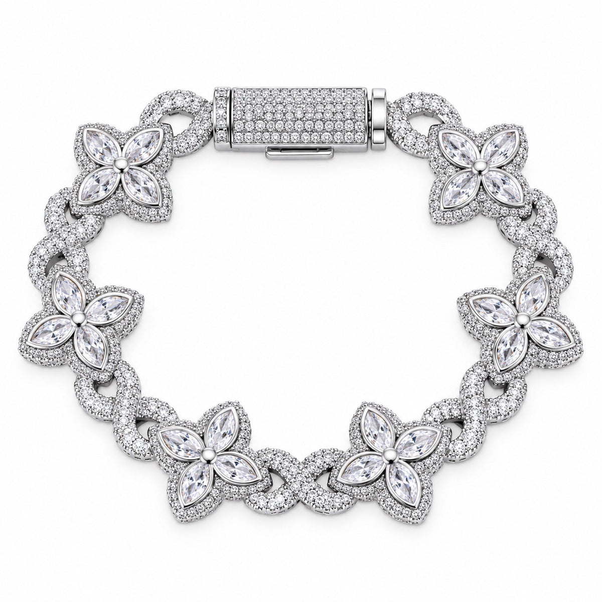 Bracelet Prisme maillons fleur marquise, argent et pierres blanches