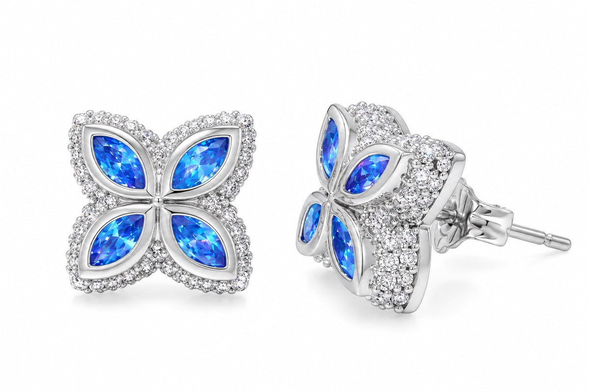 Puces Éclat trèfle marquise, argent et pierres bleues