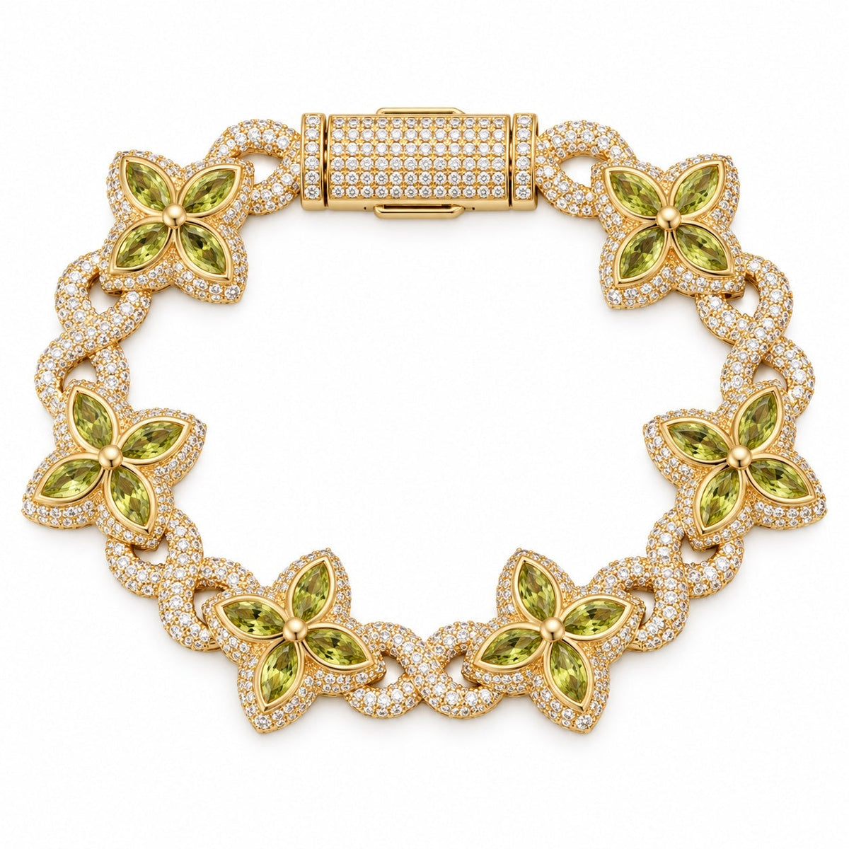 Bracelet Prisme maillons fleur marquise, or et pierres vertes