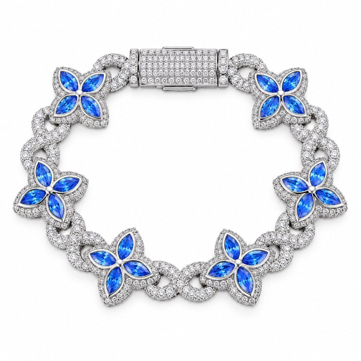 Bracelet Prisme maillons fleur marquise, argent et pierres bleues