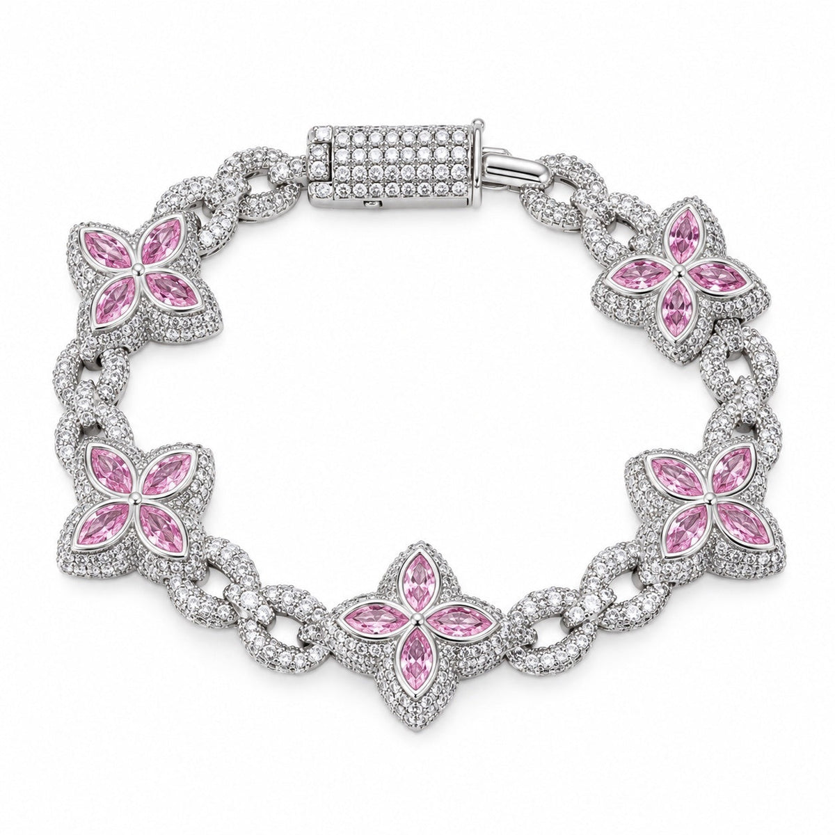 Bracelet Prisme maillons fleur marquise, argent et pierres roses