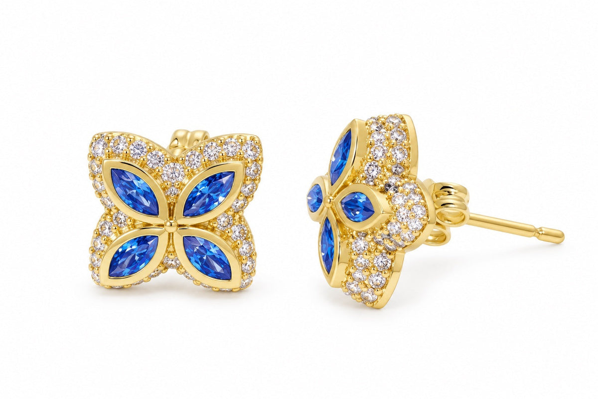 Puces Éclat trèfle marquise, or et pierres bleues